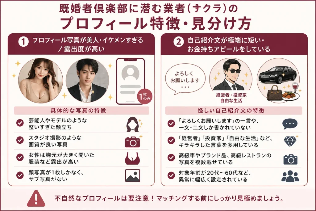 既婚者倶楽部に潜む業者（サクラ）のプロフィール特徴・見分け方