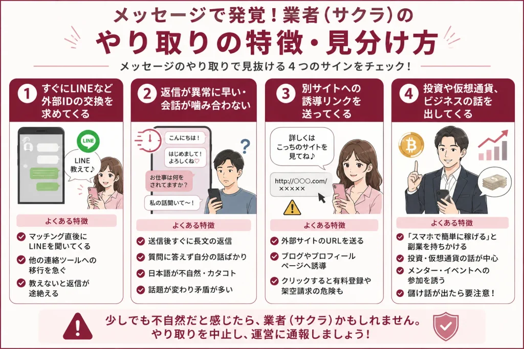 メッセージで発覚！業者（サクラ）のやり取りの特徴・見分け方