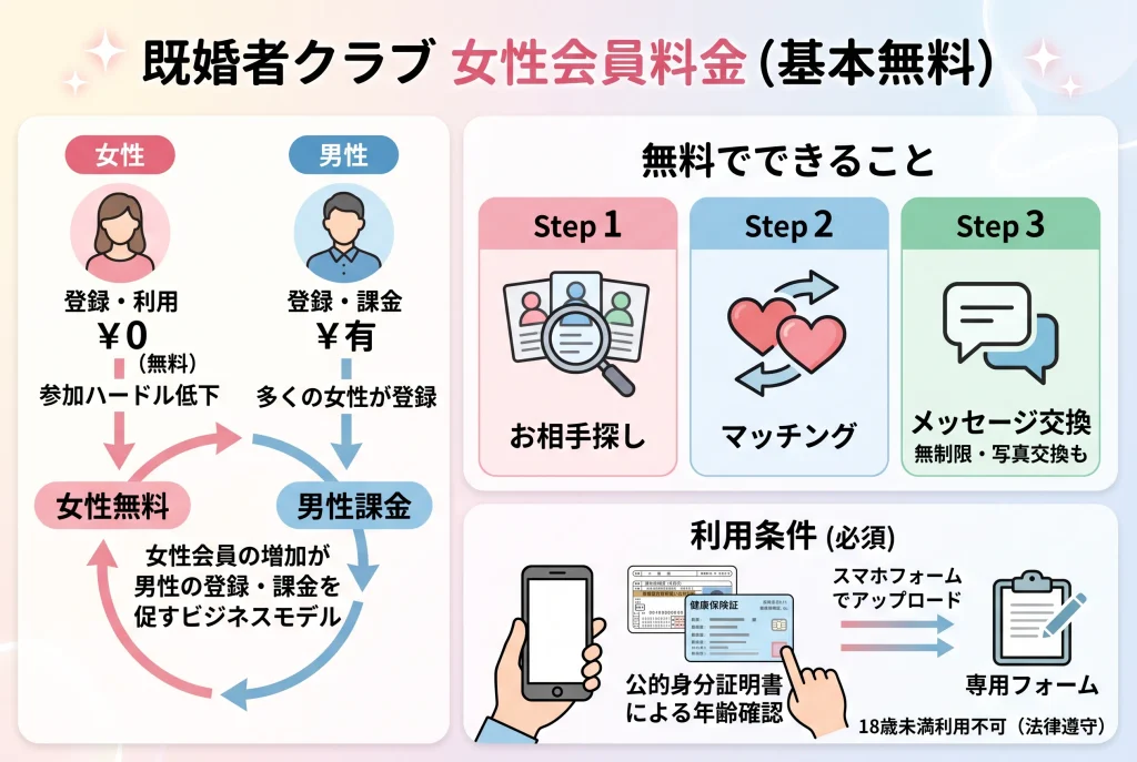 既婚者クラブの女性料金は「基本無料」！無料でできること