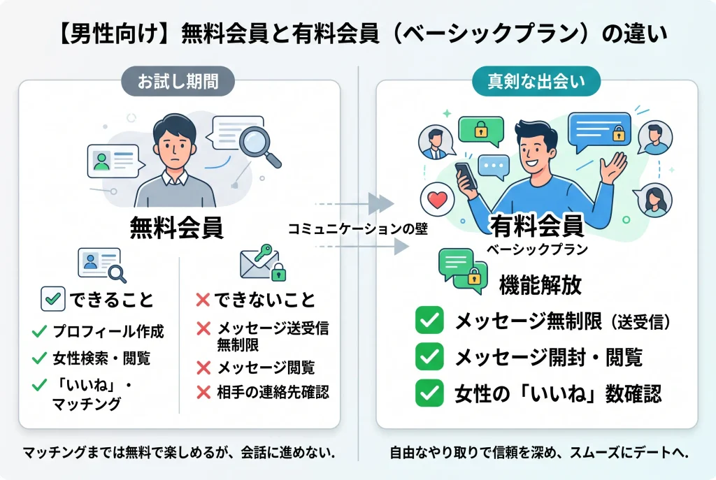 【男性向け】無料会員と有料会員（ベーシックプラン）の違い