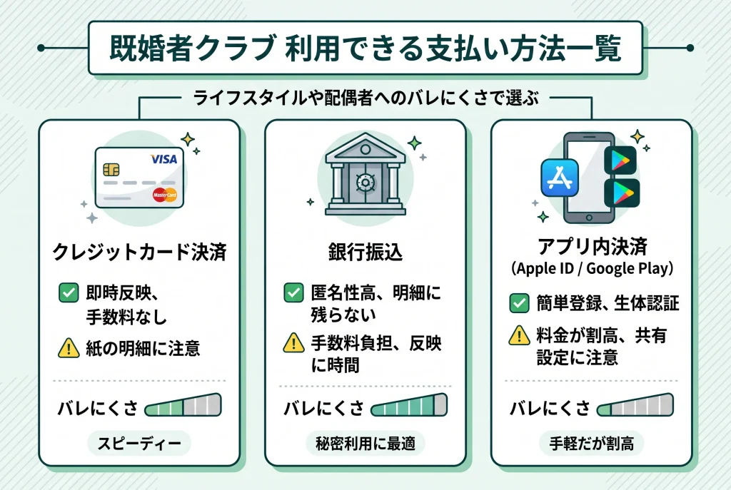 既婚者クラブで利用できる支払い方法一覧